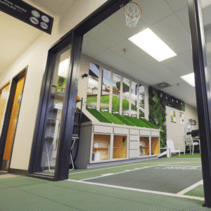 Exterior view of West St. Louis Purchase Green office from main hallway looking up into a well lit room of artificial grass samples